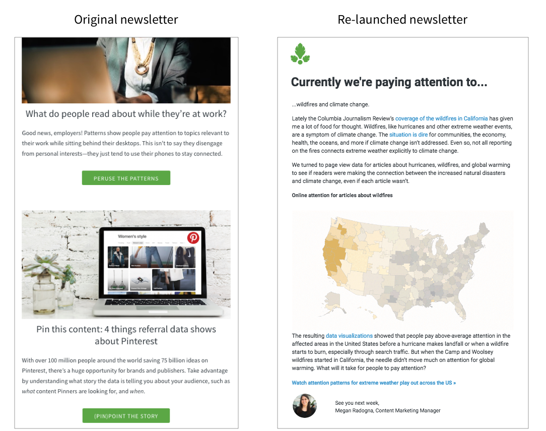 Parse.ly's newsletter before and after redesign