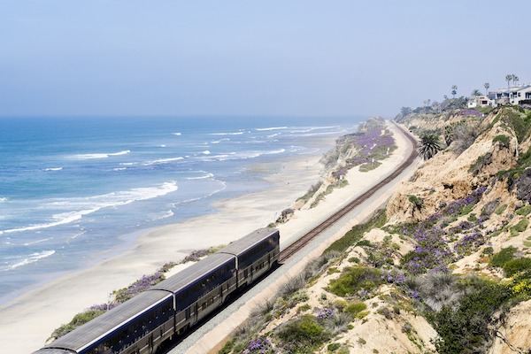Amtrak train along the coast of California