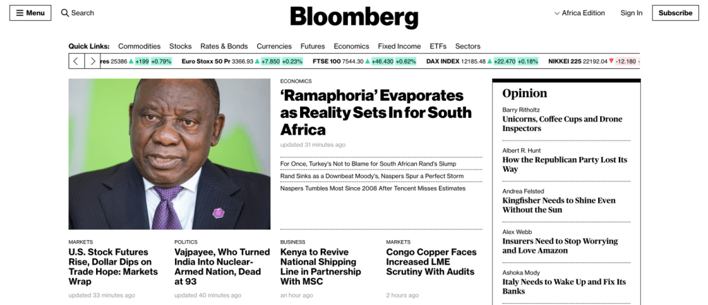 Home page of the Bloomberg Africa website