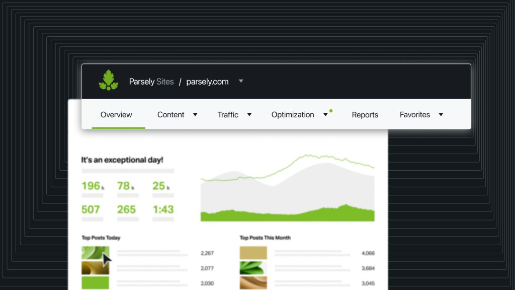 Screenshot of the new Parse.ly dashboard, showing navigation tabs (Overview, Content, Traffic, Optimization, Reports, Favorites) and a traffic performance graph with key stats highlighted.